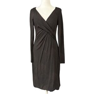 Max Mara Dress Womens 44 Brown Plaid Wool Jersey Faux Wrap‎ V Neck Long Sleeve